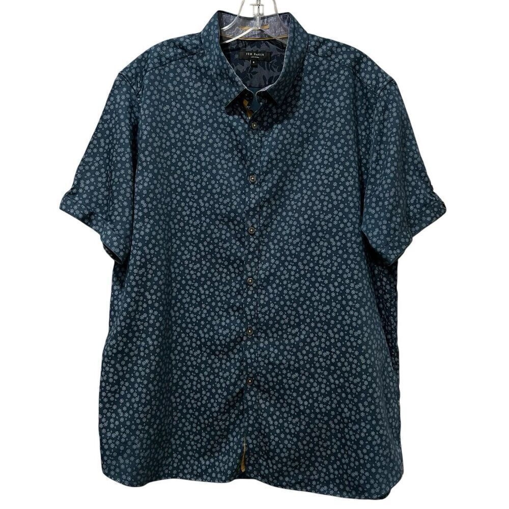Ted Baker Mens 6 medium Short Sleeve Blue Floral Button Down Cotton Preppy Y5